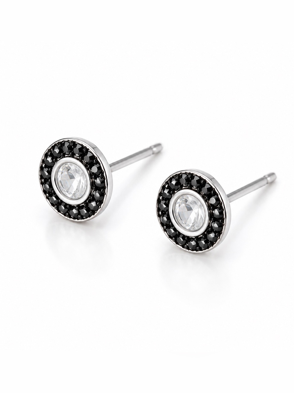 NEW - Chic Silver & Black Pave Rhinestone Minimalist Halo Stud Post Earrings